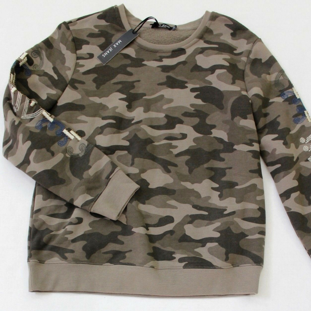 Max Jeans Embroidered Beads Camo Pullover Sweater Size S